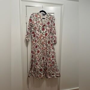 Madison Mathews Folly Tiered Floral Long Sleeve Midi Dress - Red and Green